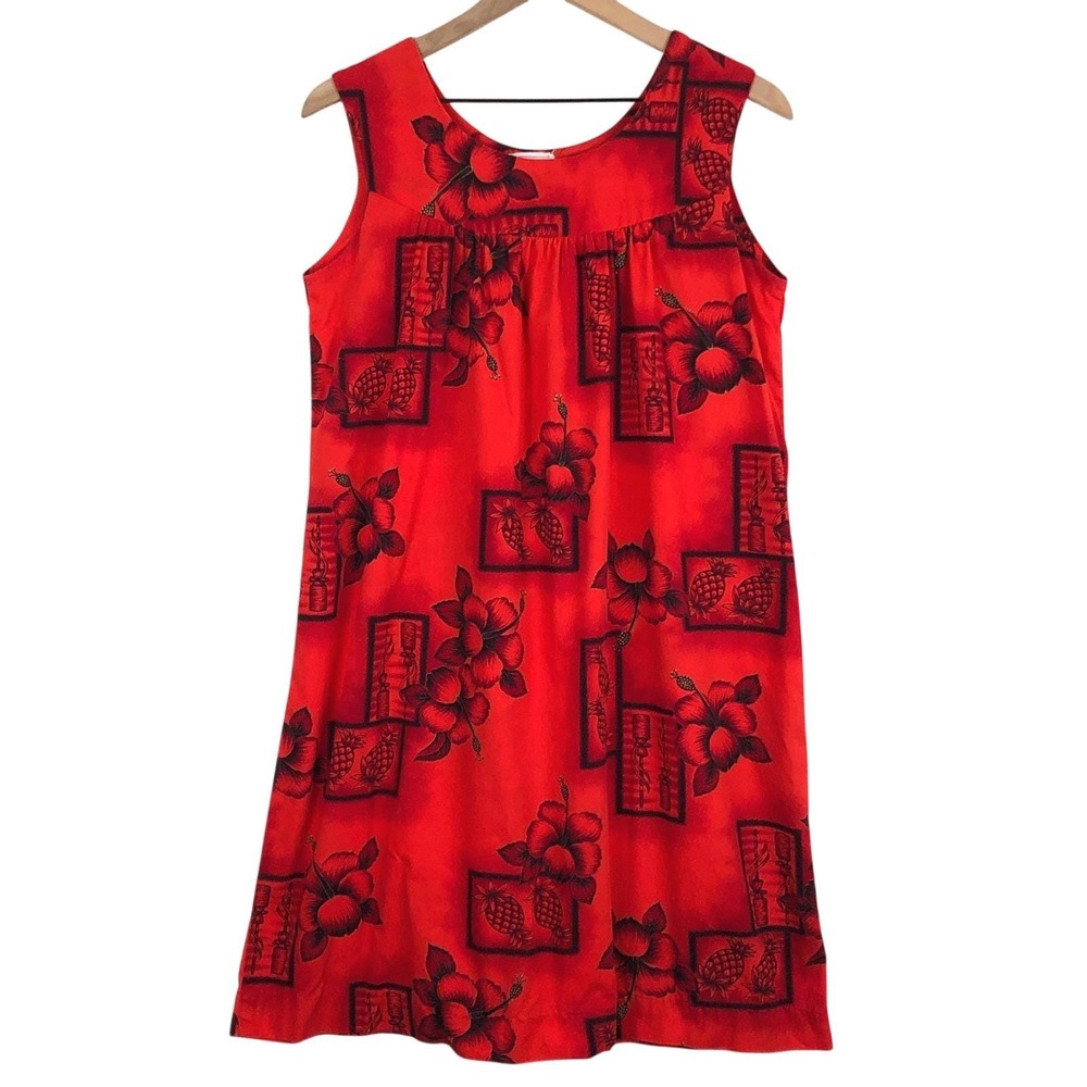 VTG Ui-Maikai Cotton Hawaiian Muumuu Dress Sz S 36" Red Gold Hibiscus Pineapple